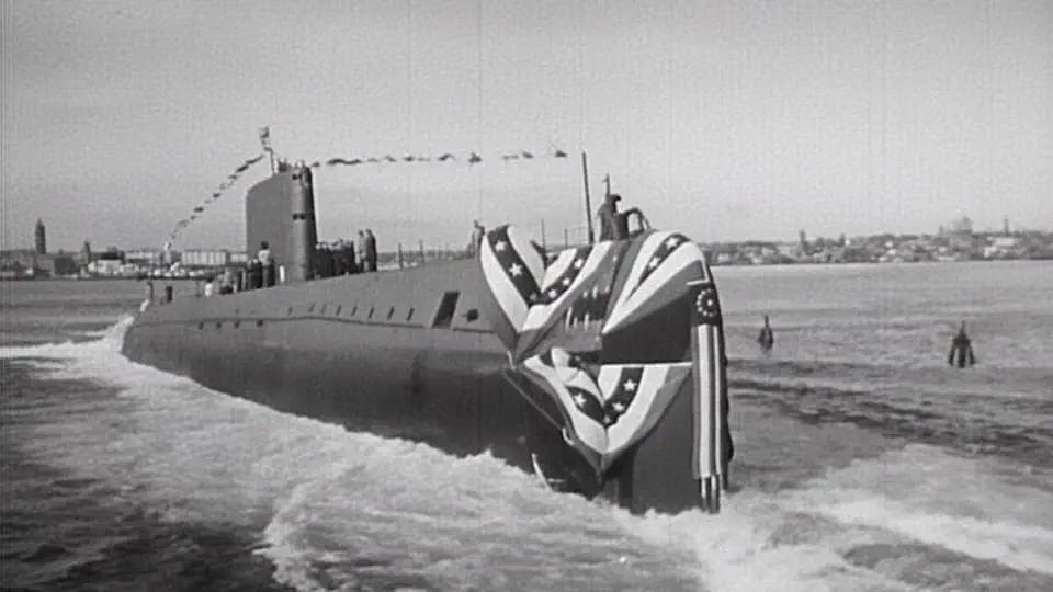 USS Nautilus first nuclear-powered submarine. Stock Footage.